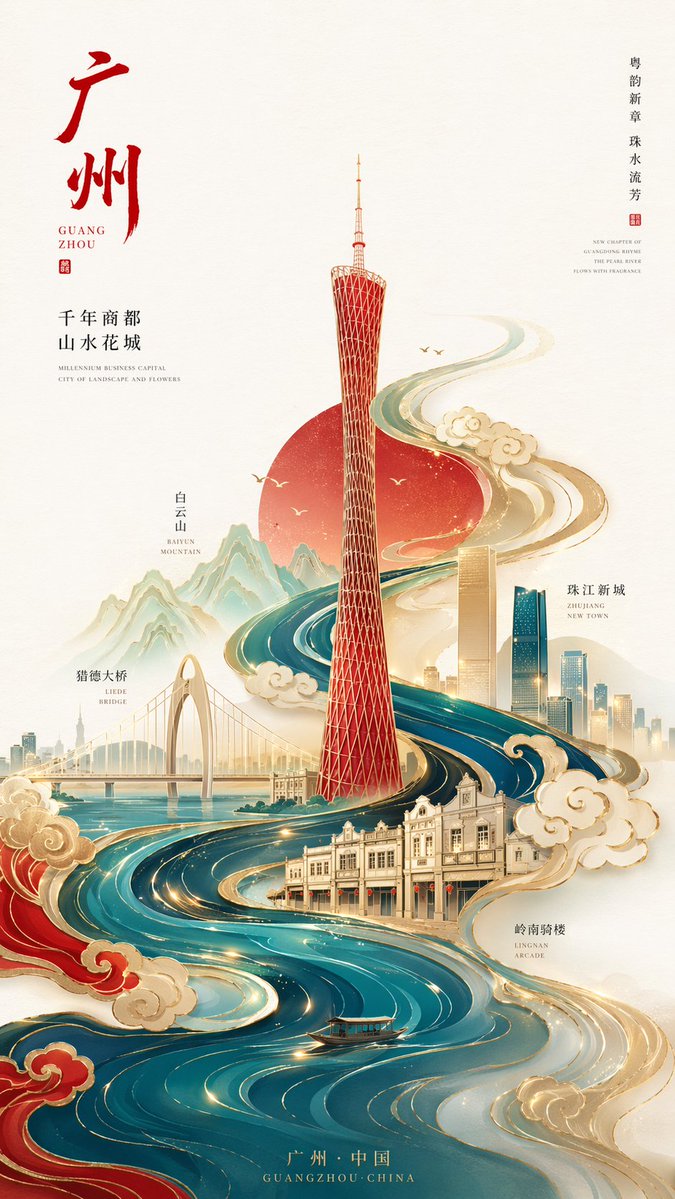 极简国潮鎏金广州塔海报 sample 1