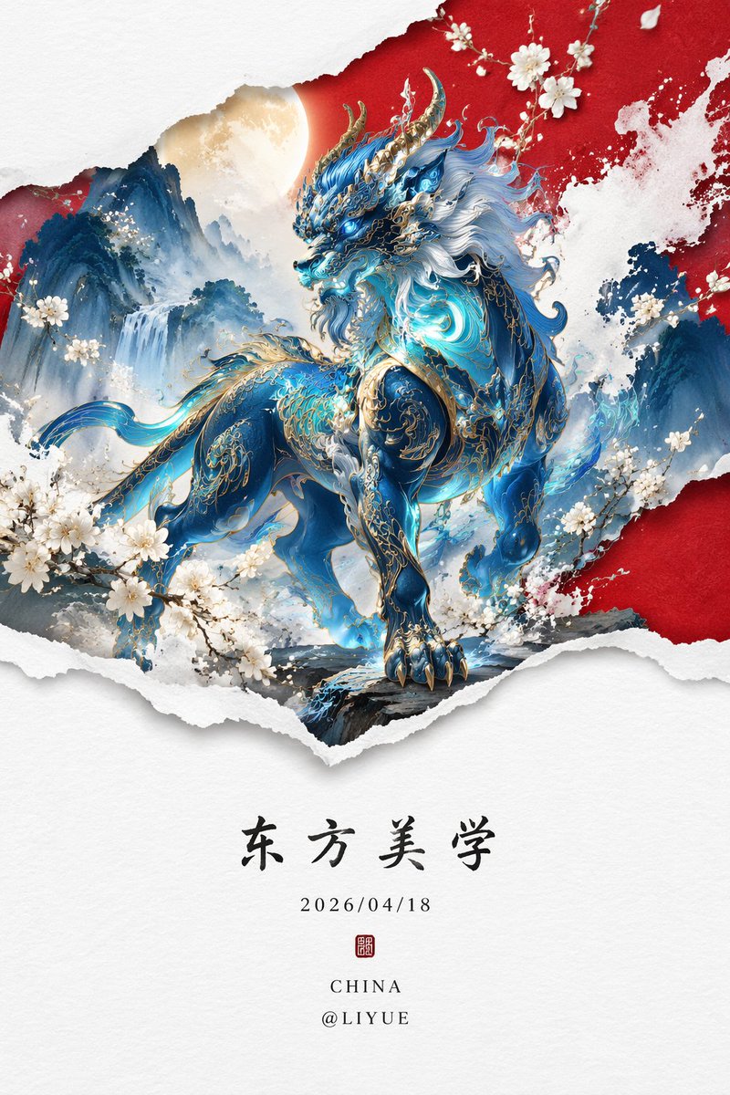 荧光蓝穷奇新中式山水画 sample 1