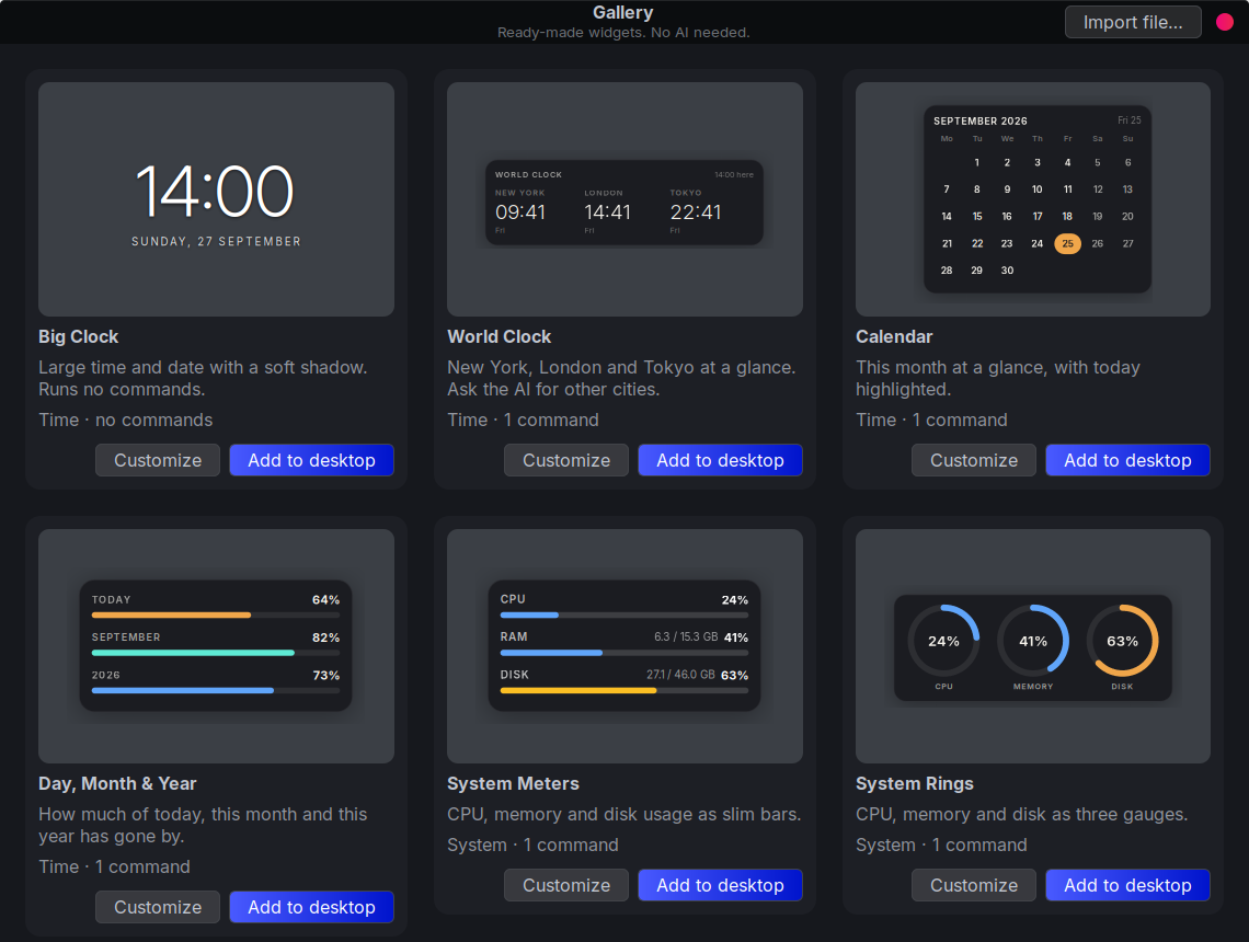 The Pickit gallery with ready-made clock, calendar and system widgets