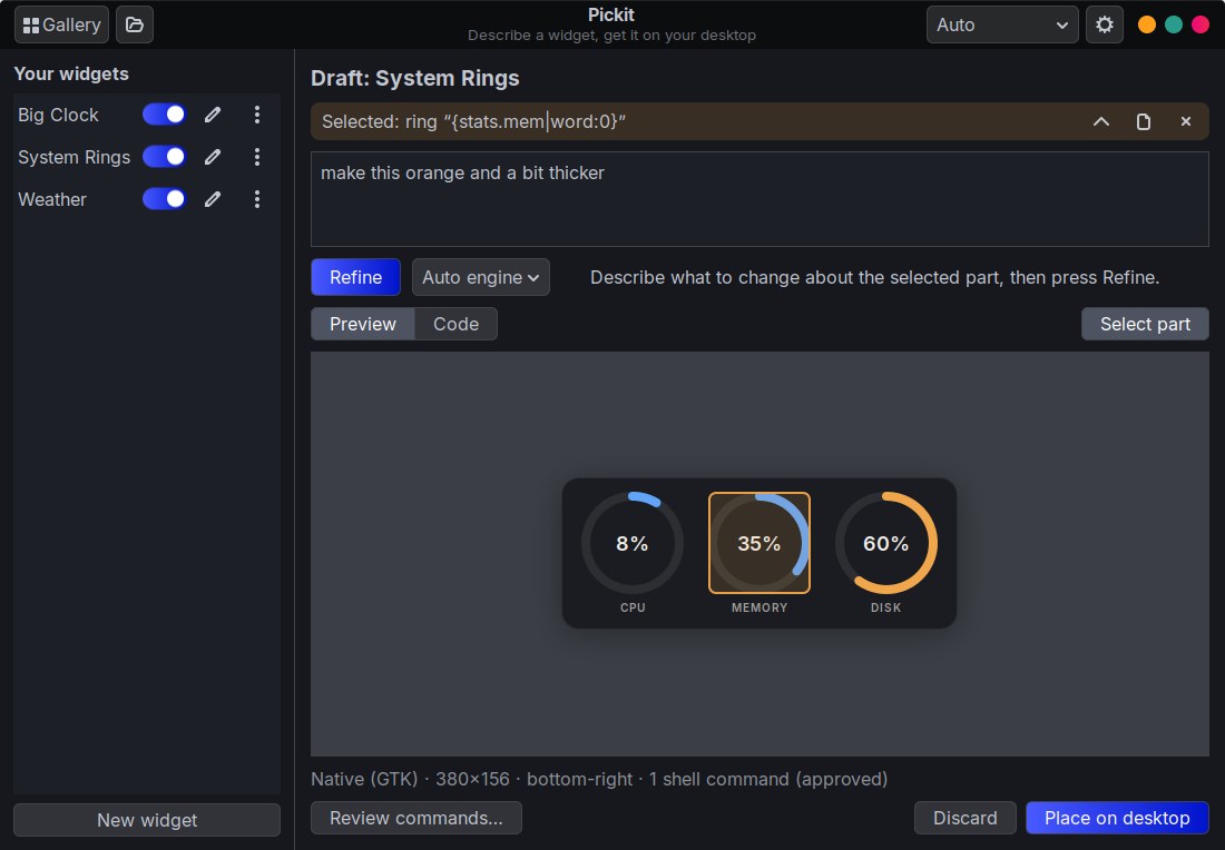A ring of a widget selected in the preview, with the request “make this orange and a bit thicker”