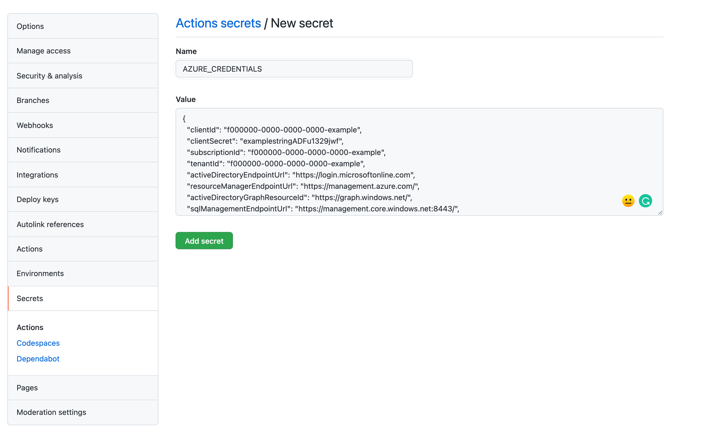Azure Credentials Secret in GitHub Actions