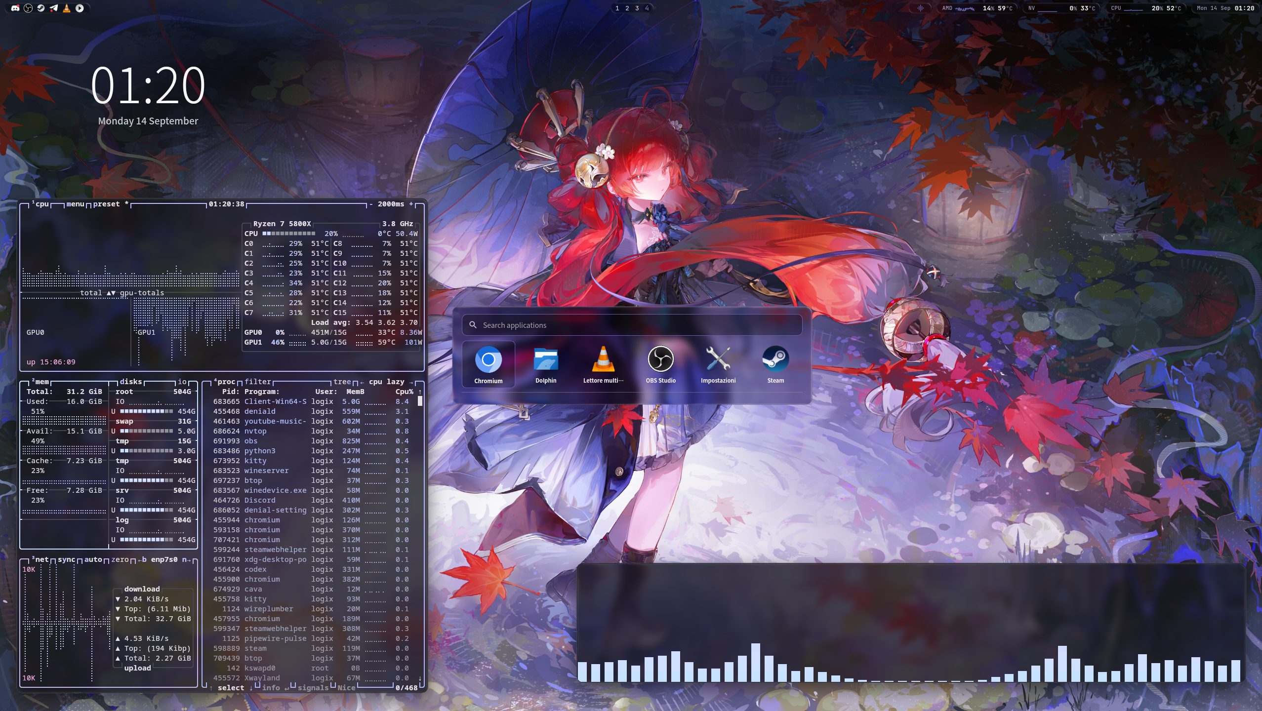 Denial desktop with a purple wallpaper, btop, app launcher, and audio visualizer