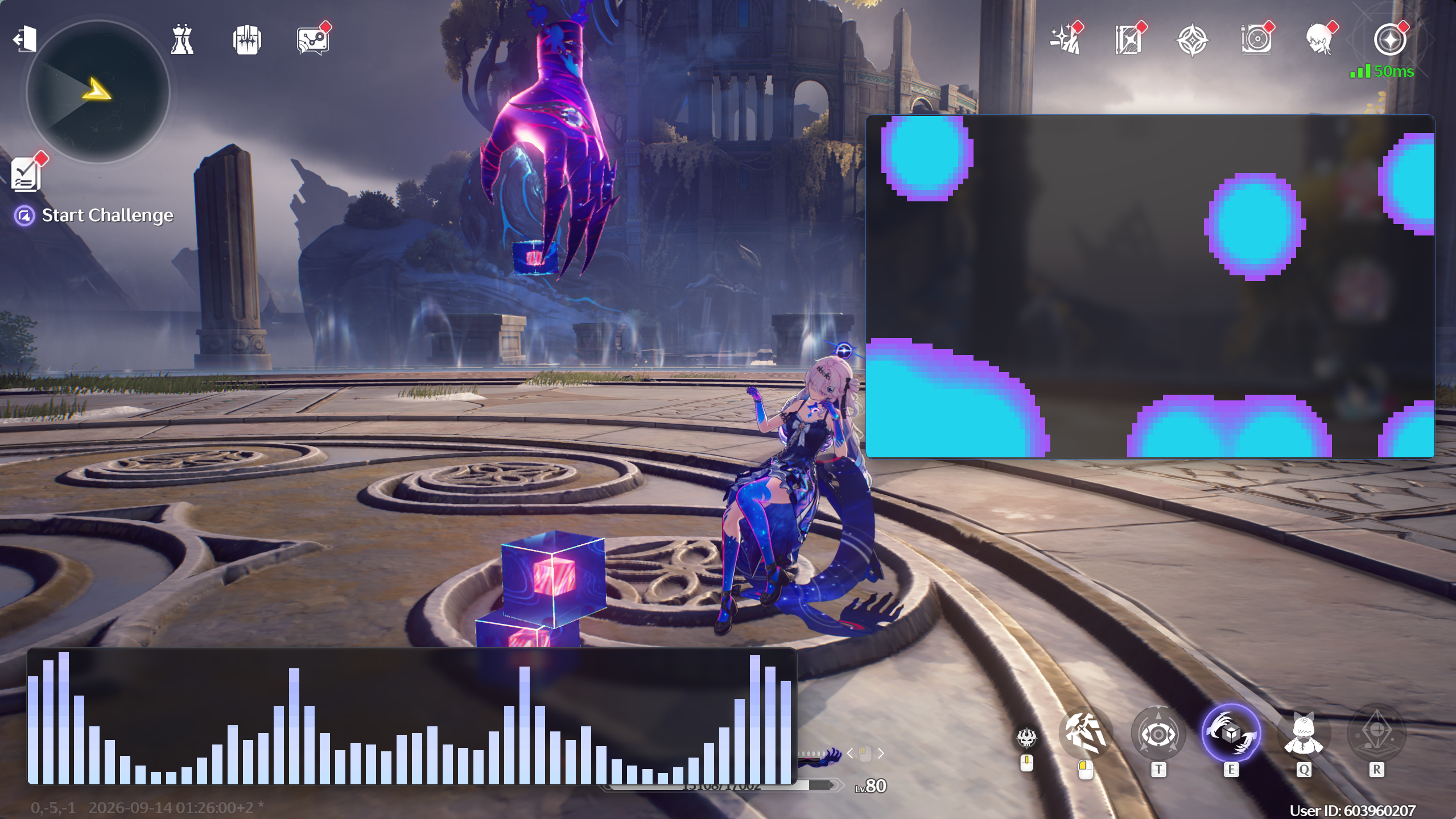Wuthering Waves running with floating lava lamp and audio visualizer terminals