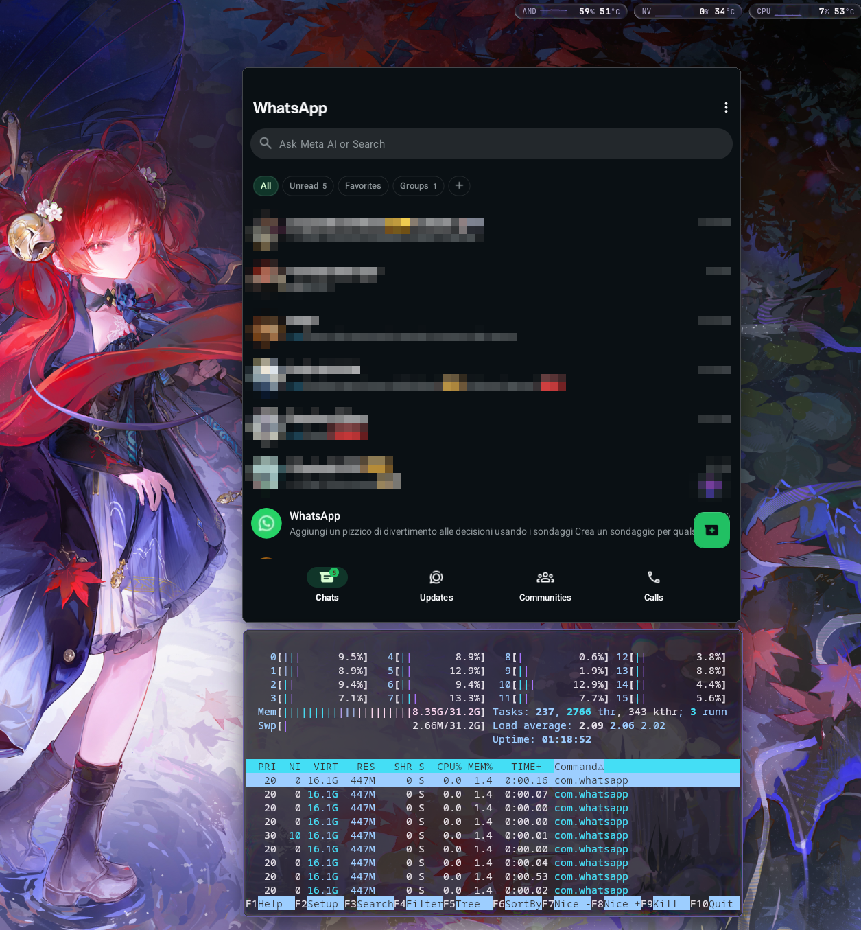 WhatsApp running in a separate Linux desktop window through Droidloom, with its Android process visible in the terminal below