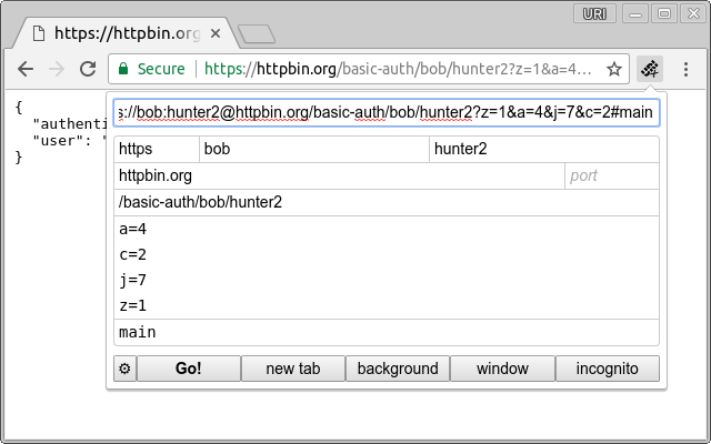 Screenshot of httpbin with parameters and HTTP authentication