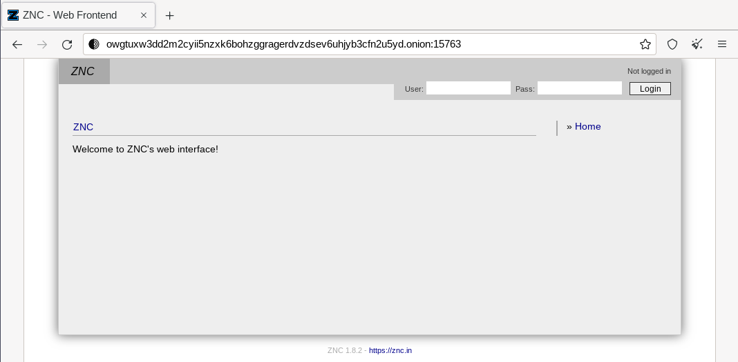 Screenshot showing ZNC's user interface via an Onion Service