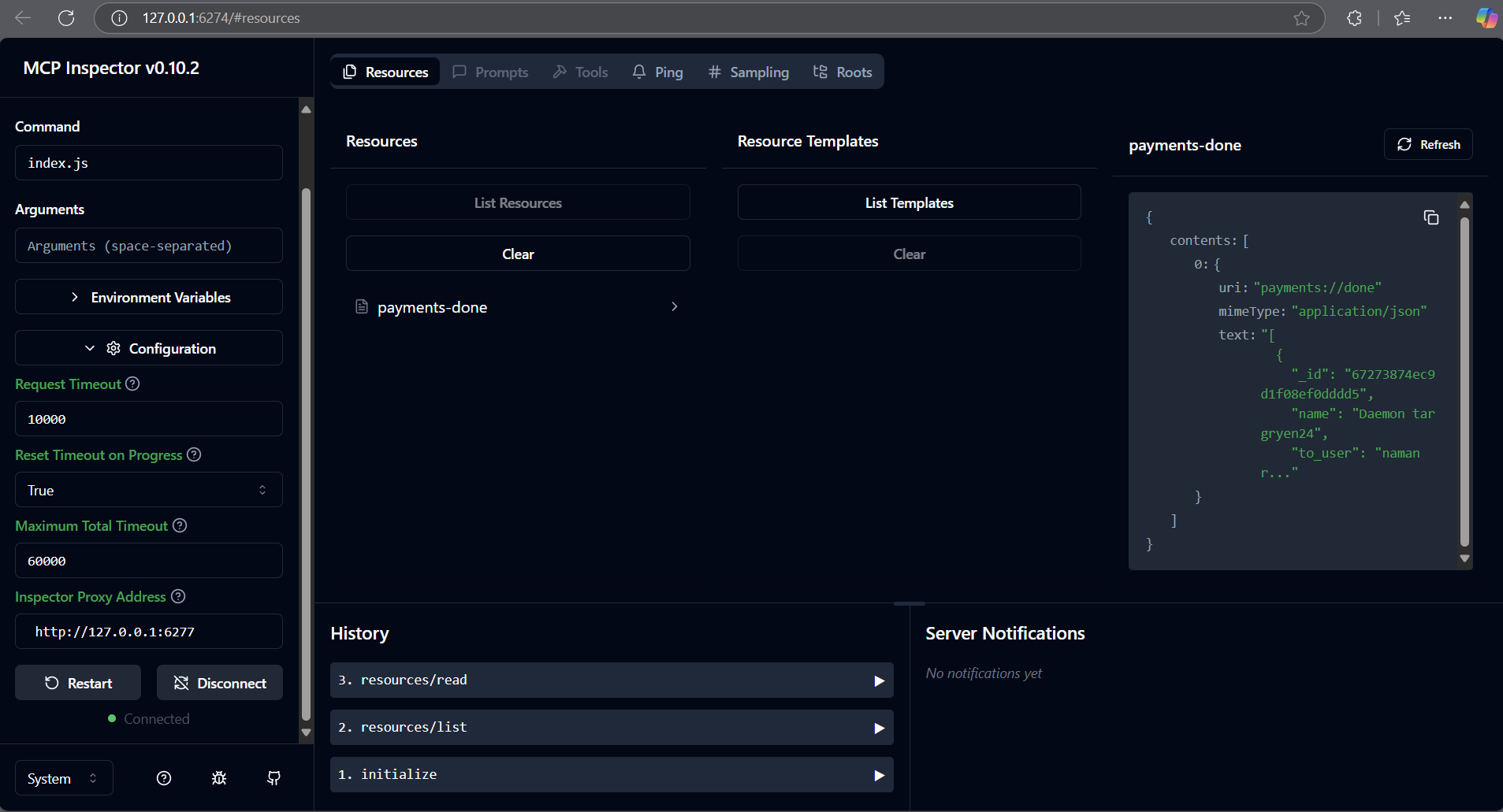 MCP Inspector showing payment records