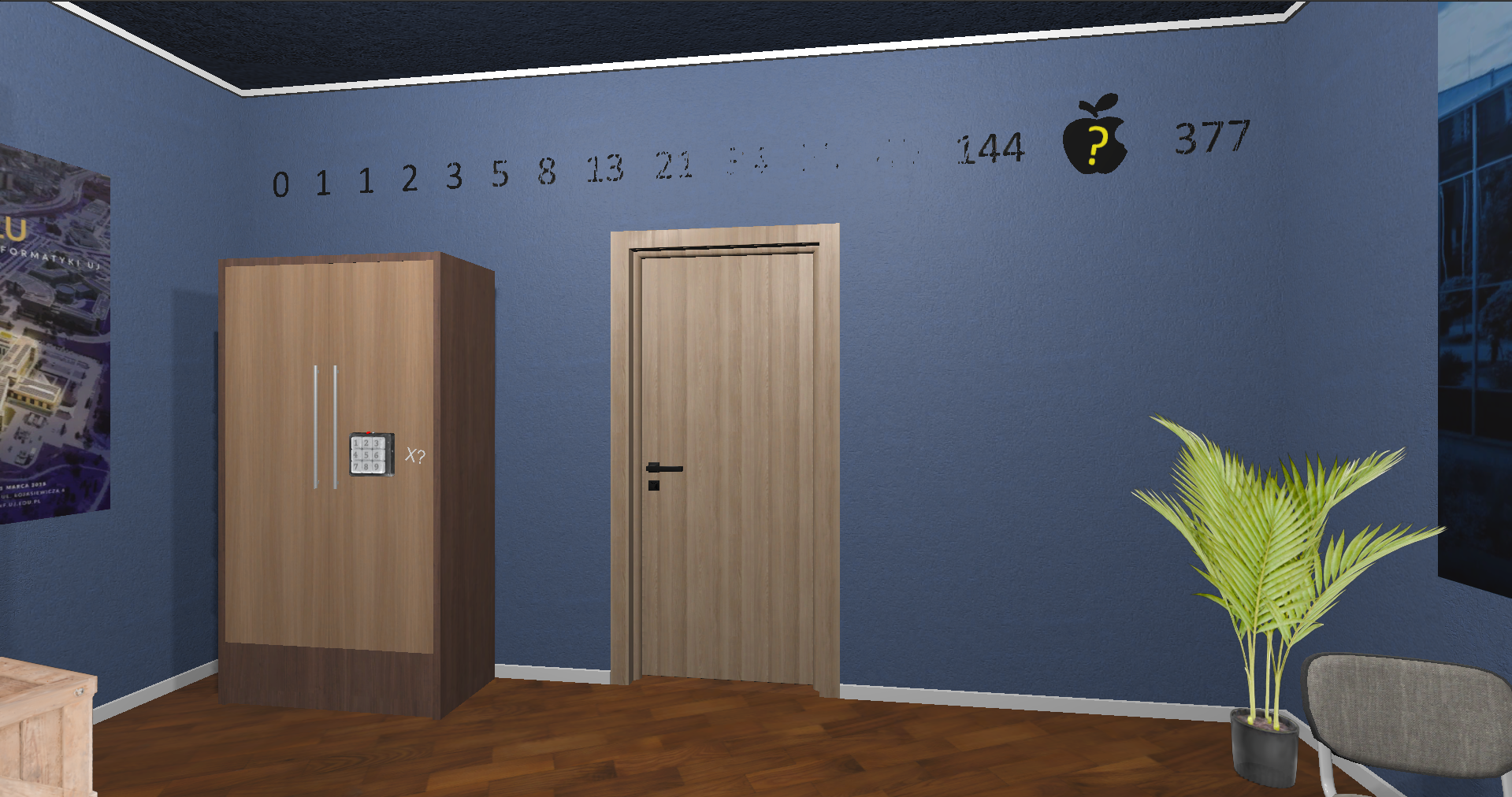 Escape room with the Fibonacci puzzle and palm