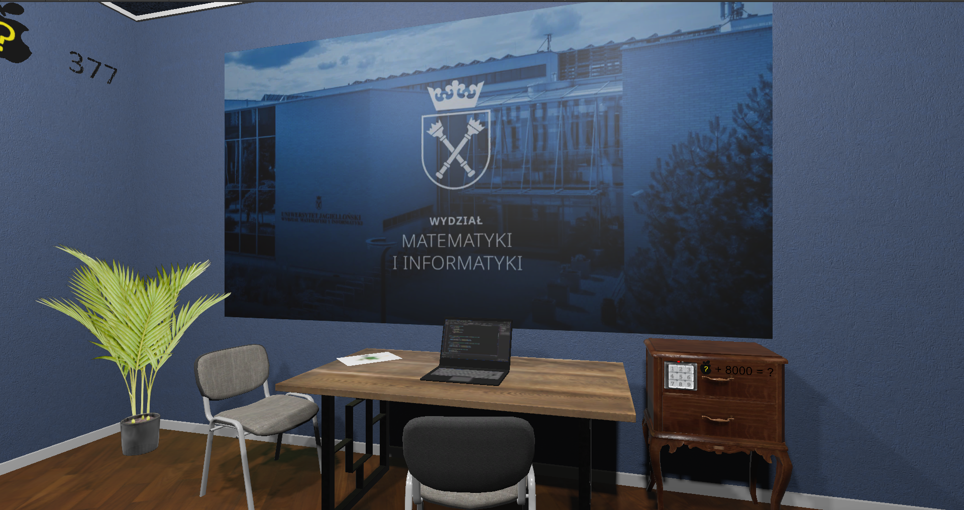 Desk with the faculty banner and a keypad puzzle