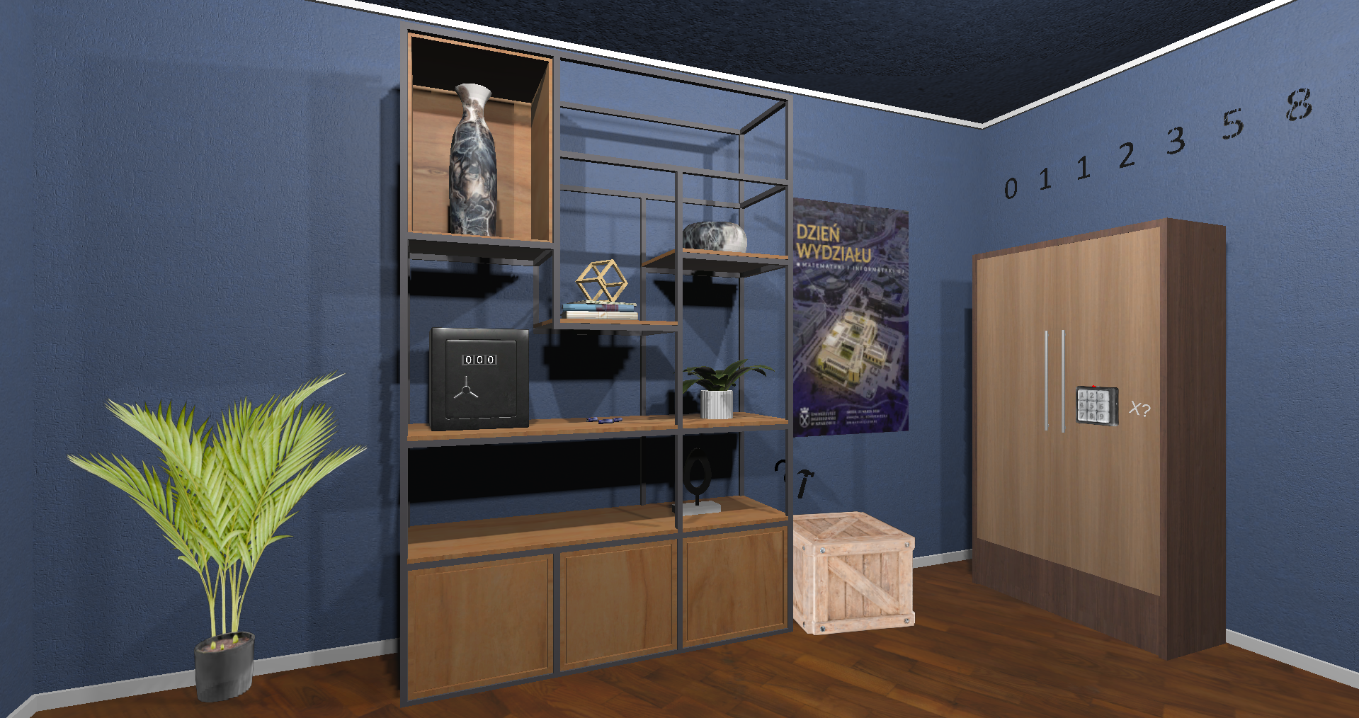 Shelf with the safe puzzle and crate