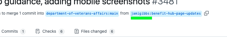 The top of a PR showing the branch to be merged into main. There is a Github username at the front of a branch name which means the branch is from a fork