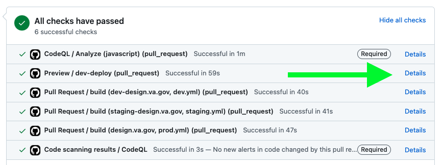 A list of PR checks with an arrow pointing to the details link for the Preview workflow