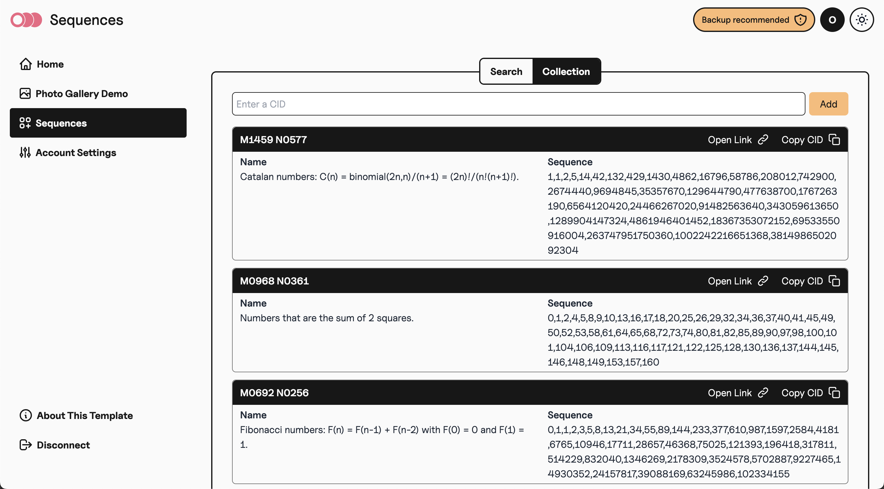 Sequences collection screenshot