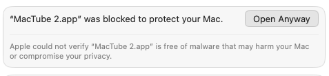 Privacy & Security showing Open Anyway for MacTube 2