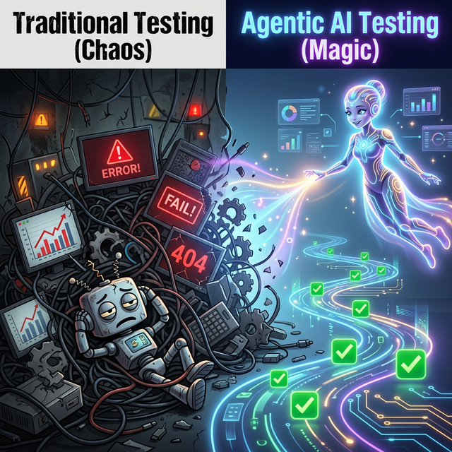 Traditional testing chaos vs Agentic testing magic