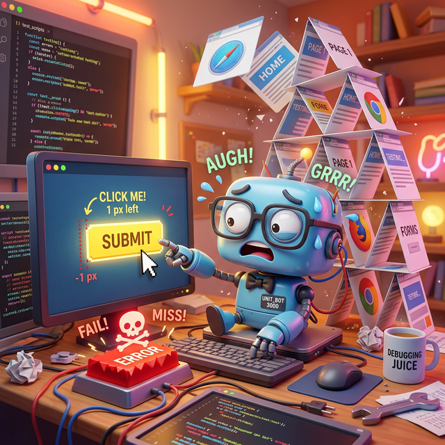 A frustrated robot trying to click a submit button that has moved by 1px, with a collapsing house of browser cards in the background