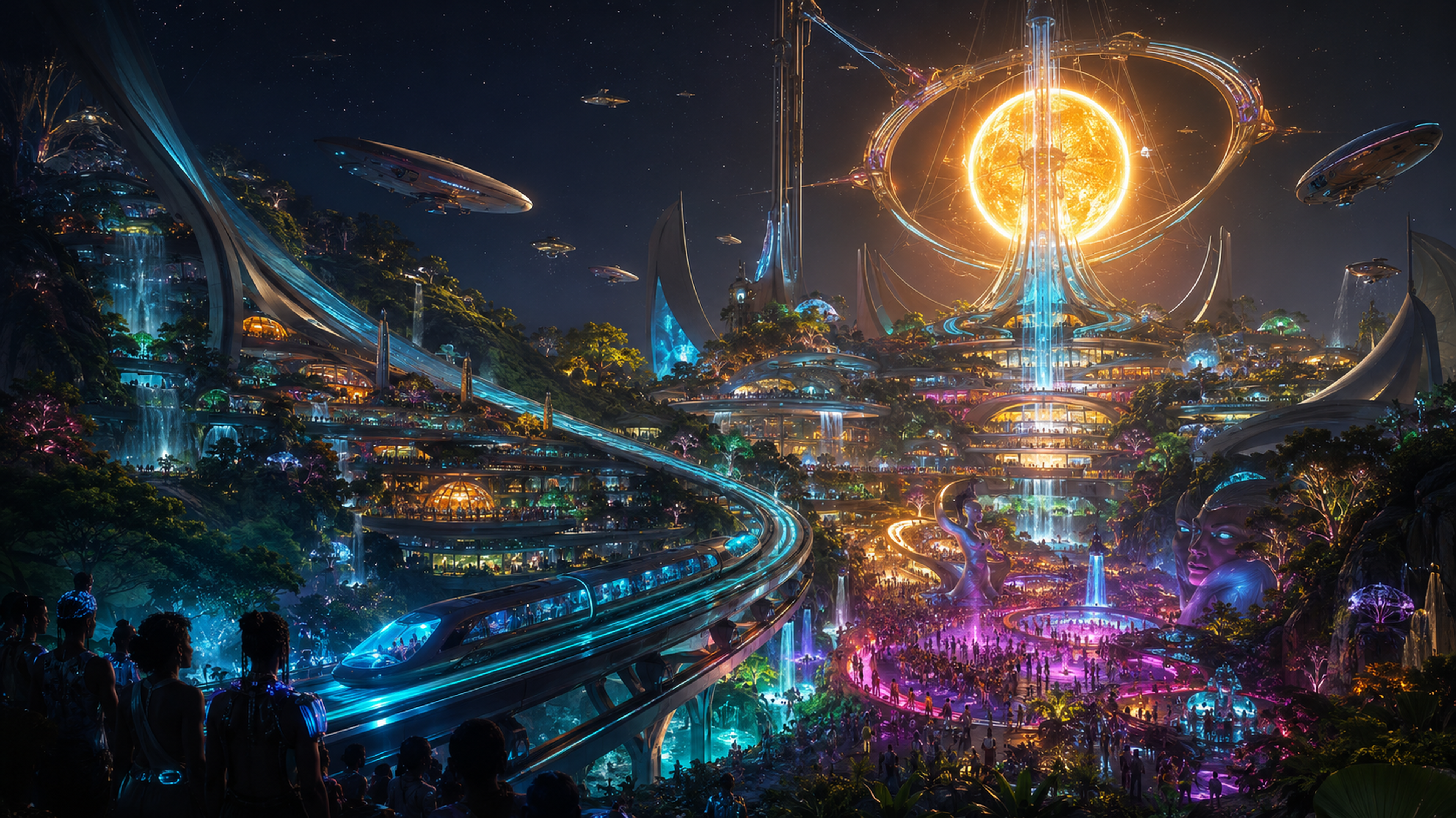 a fusion-lit garden city from backgrounds/ — the wallpaper and lock-screen art