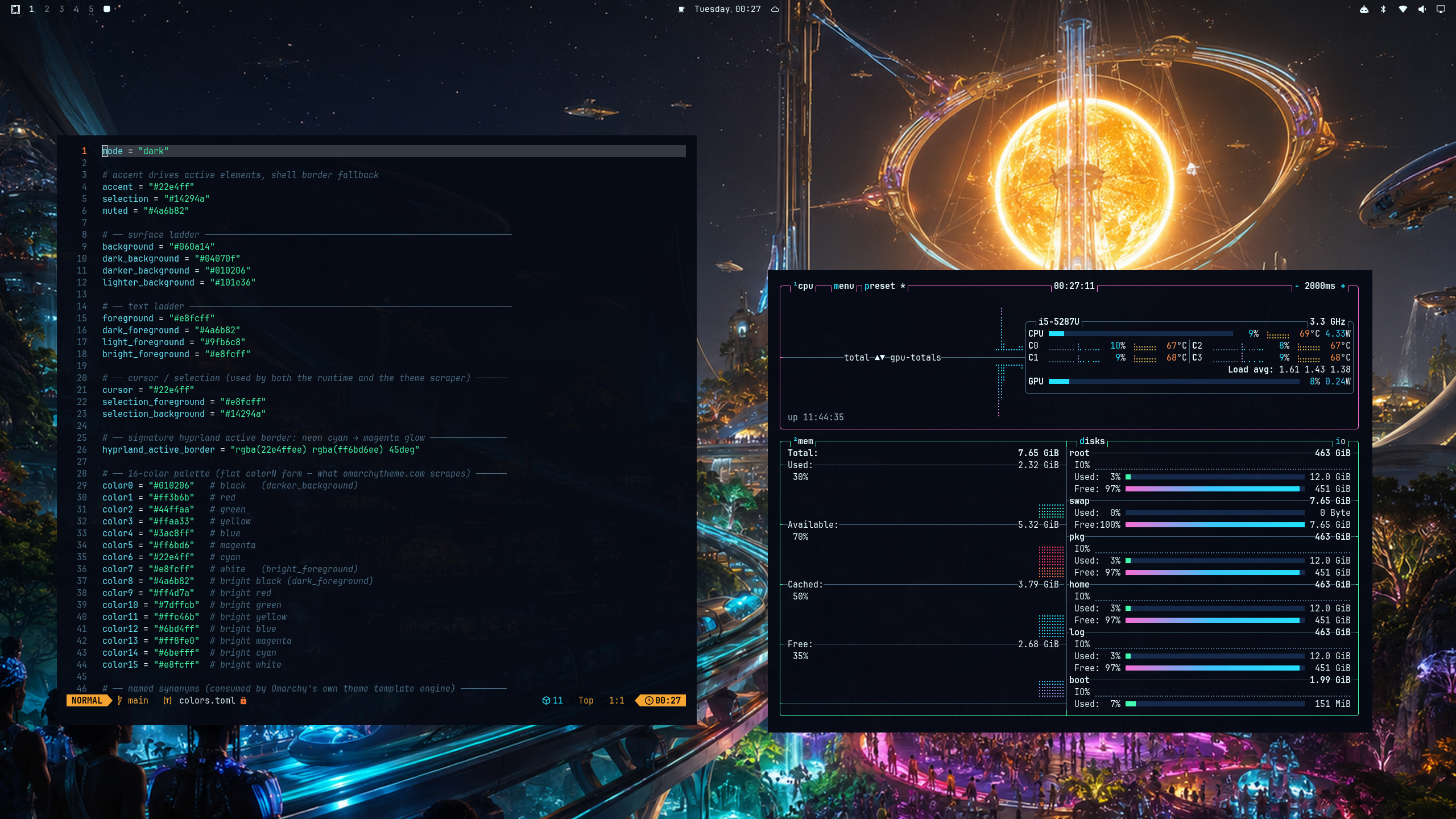 CyberPhunk running on Omarchy with Neovim and btop