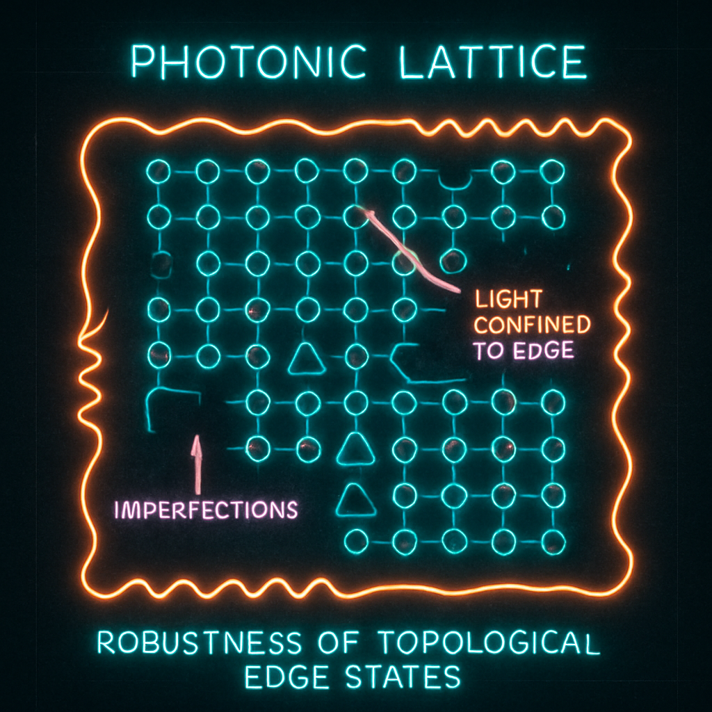 Illustration of a photonic lattice with light waves circumventing lattice imperfections, showcasing robust topological edge states.