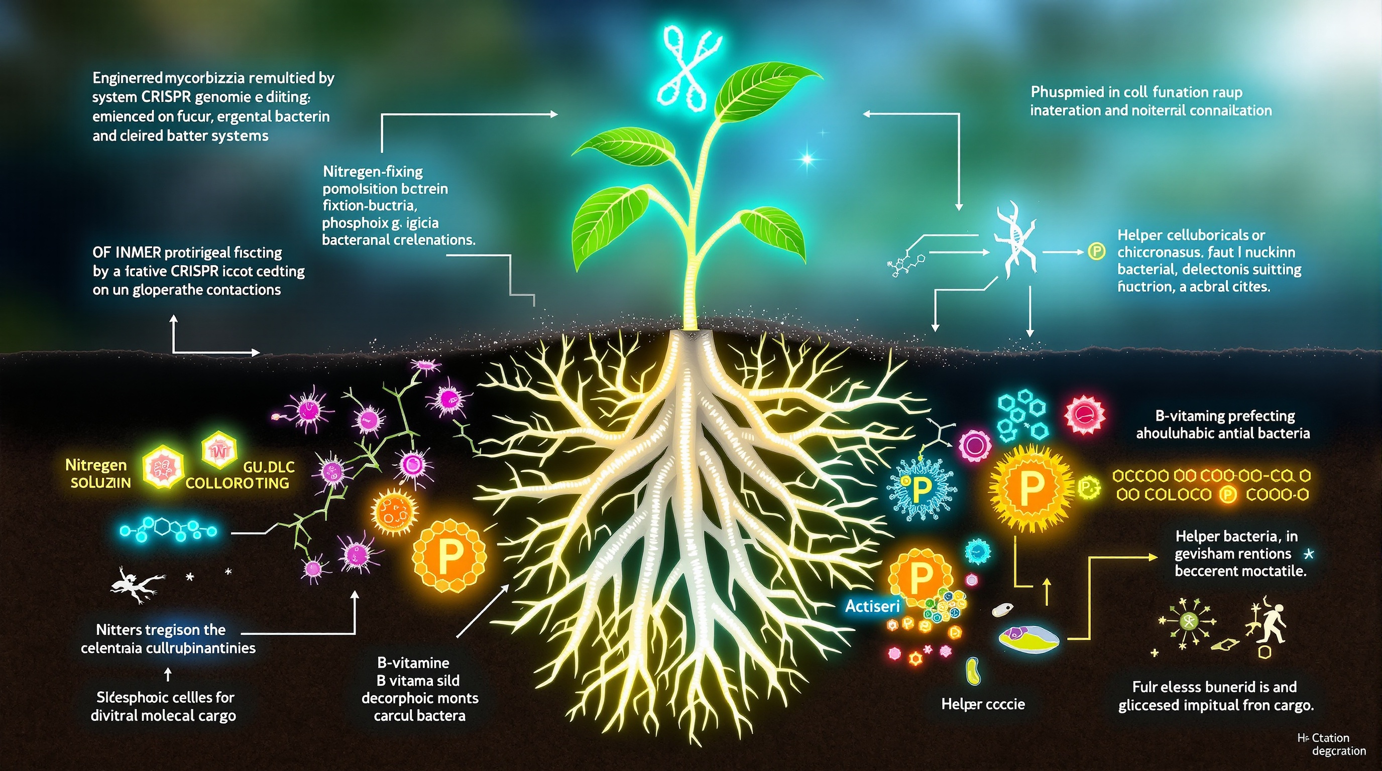 Cross-section illustration of engineered mycorrhizal-bacterial consortium showing CRISPR-modified fungal hyphae, nitrogen-fixing and phosphate-solubilizing bacteria exchanging nutrients around plant roots, with fading heavy metal contaminants in soil matrix.