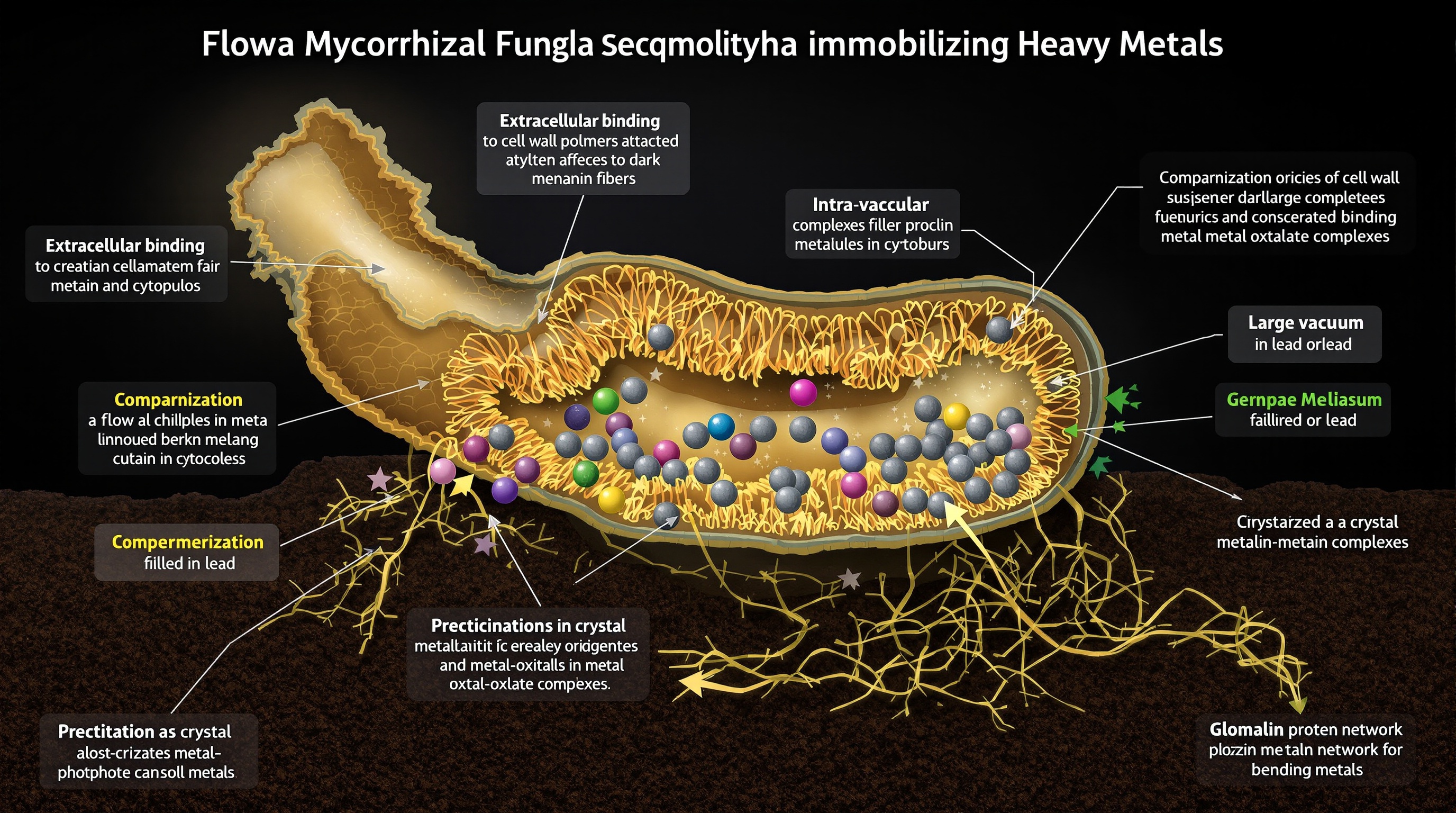 Cross-sectional scientific illustration of mycorrhizal fungal hypha showing four mechanisms of heavy metal immobilization: extracellular binding to cell wall, intracellular chelation, vacuolar compartmentalization, and precipitation as crystalline complexes, with metal ions depicted as colored spheres.