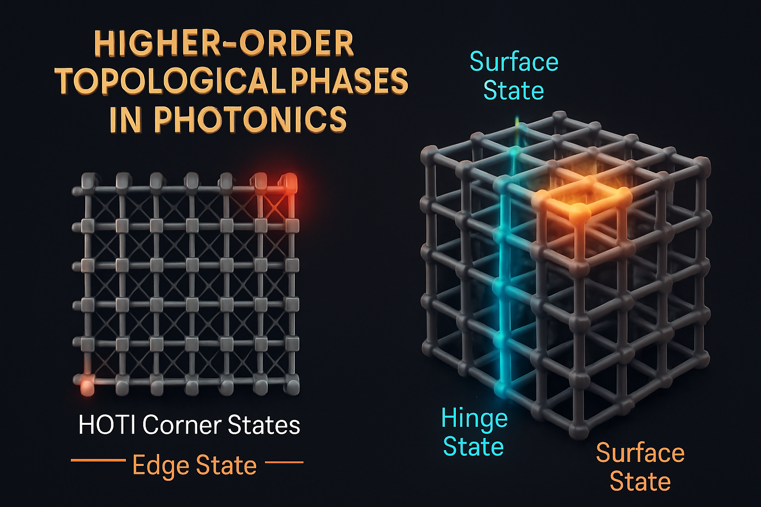 Illustration of 2D and 3D photonic lattices showing higher-order topological insulator features, with corner, hinge, and surface states highlighted.