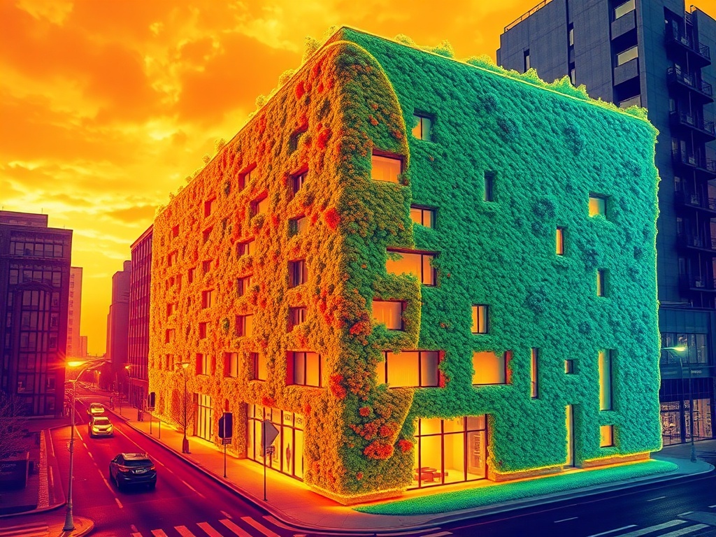 Thermodynamic thermal gradient visualization of a building enveloped in a living bio-film facade, showing evaporative cooling and transpiration drawing latent heat away from the urban envelope.