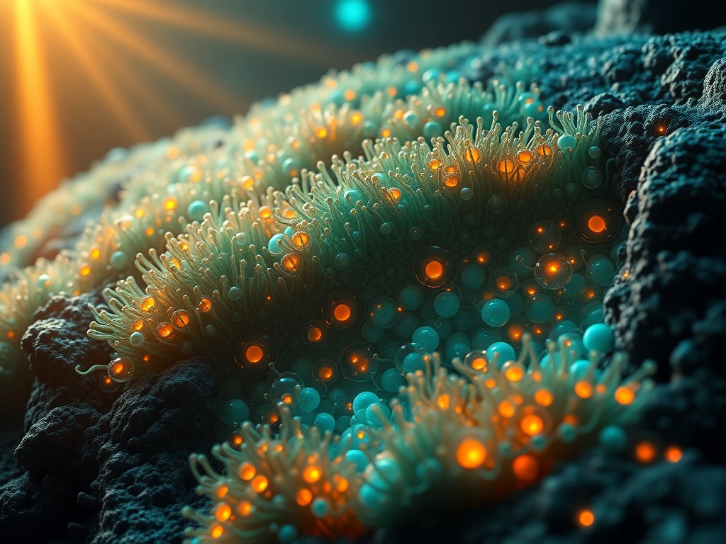 Close-up scientific visualization of a cyanobacterial biofilm anchored to a porous mineral matrix, showing CO2 uptake, sunlight-driven photosynthesis, and O2 release at the molecular level.