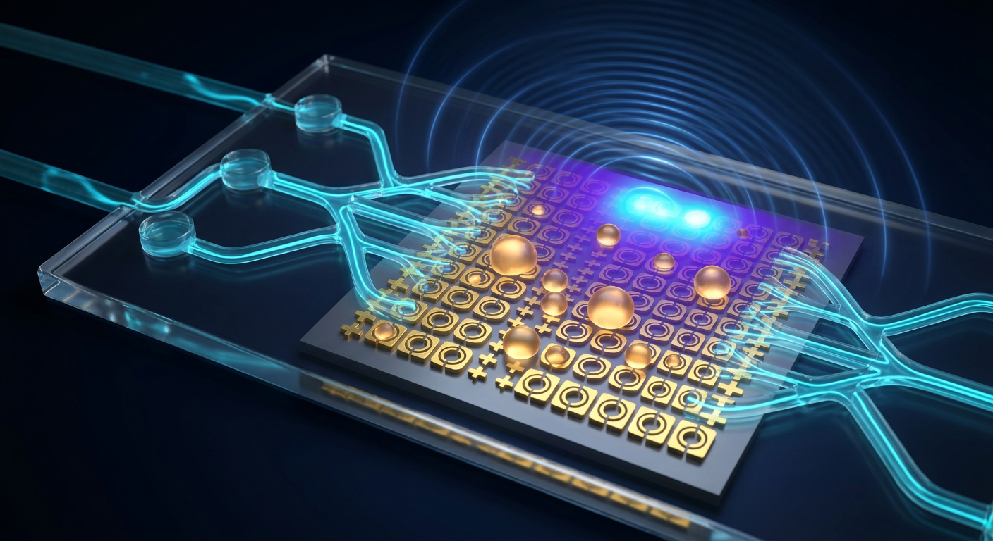 3D scientific render of a microfluidic chip integrated with a gold terahertz metasurface, showing branching fluidic channels delivering intrinsically disordered protein solution over nanostructured split-ring resonator arrays, with glowing protein condensate droplets forming across the sensing region and terahertz field lines emanating as spectral interference arcs above.