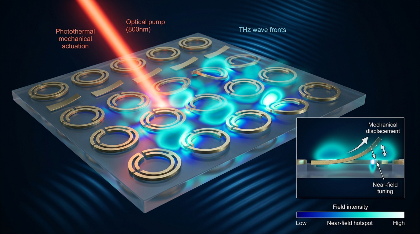 3D scientific render of a terahertz opto-mechanical metasurface showing sub-wavelength split-ring resonators physically deflecting under an infrared optical pump laser, with luminous teal near-field electromagnetic hotspots reshaping between the actuating resonator gaps.