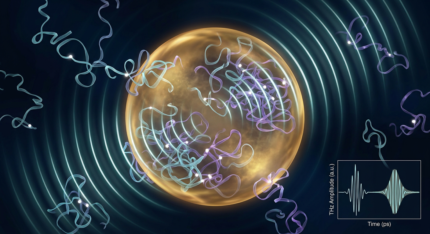 Scientific conceptual illustration of intrinsically disordered proteins undergoing liquid-liquid phase separation into a dense biomolecular condensate droplet, with terahertz electromagnetic waves propagating through the system to probe multivalent interactions and structural dynamics in real time.
