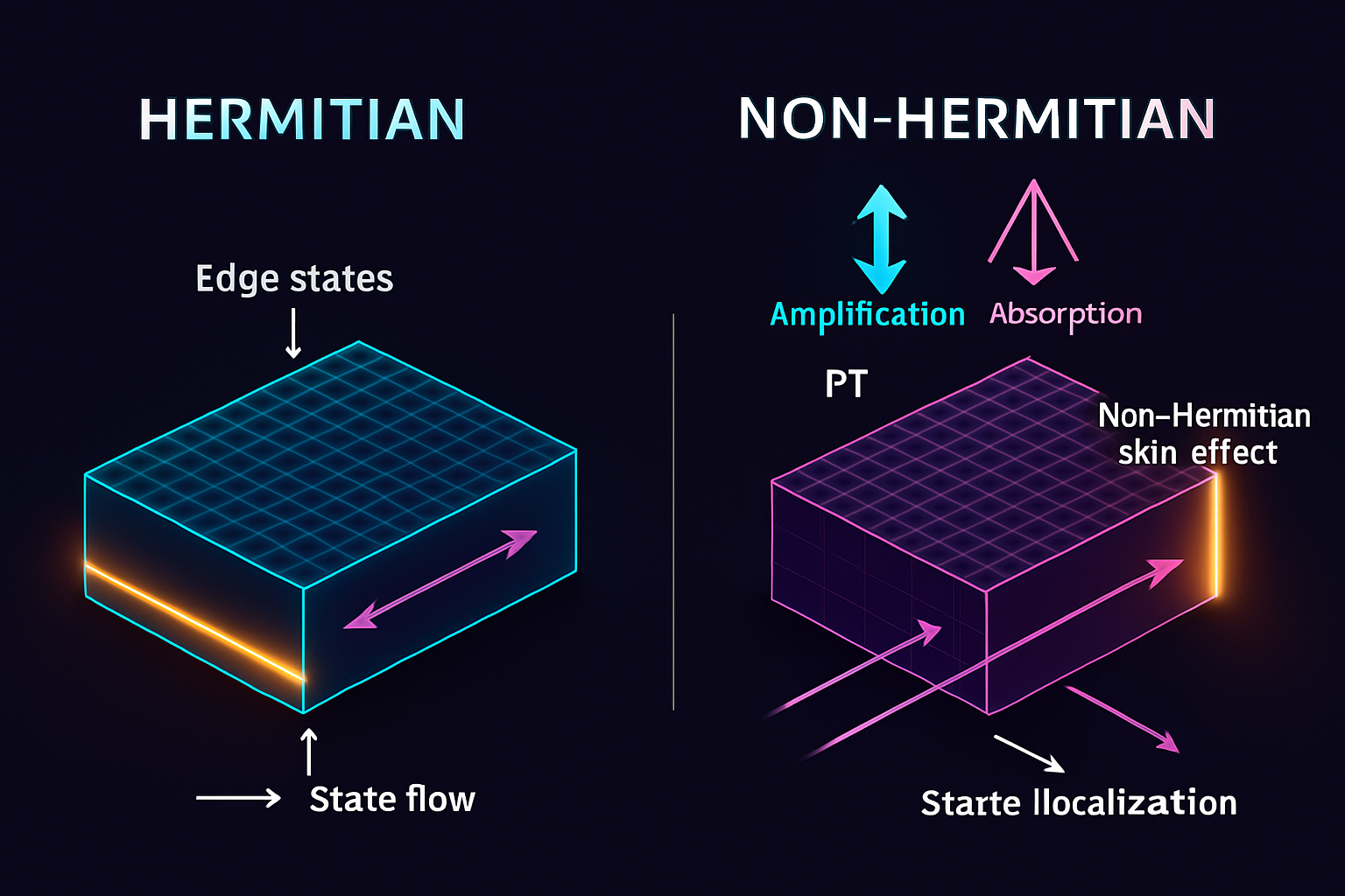 Comparison of Hermitian and Non-Hermitian topological photonic systems depicting edge states and the Non-Hermitian skin effect.