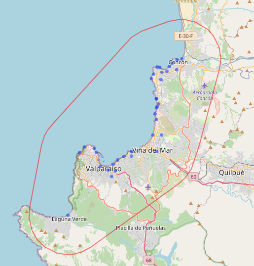 Study site with the sampled points and the polygon corresponding to a 5050 meter buffer of all the points