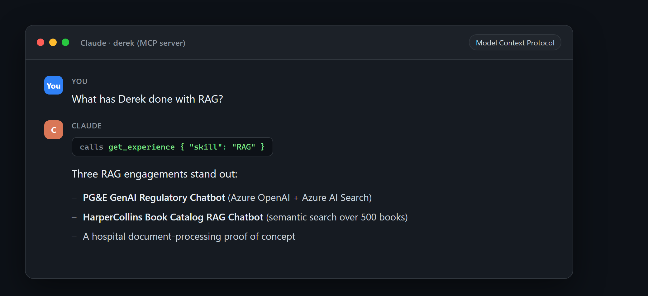 Claude calling the server's get_experience tool over the Model Context Protocol