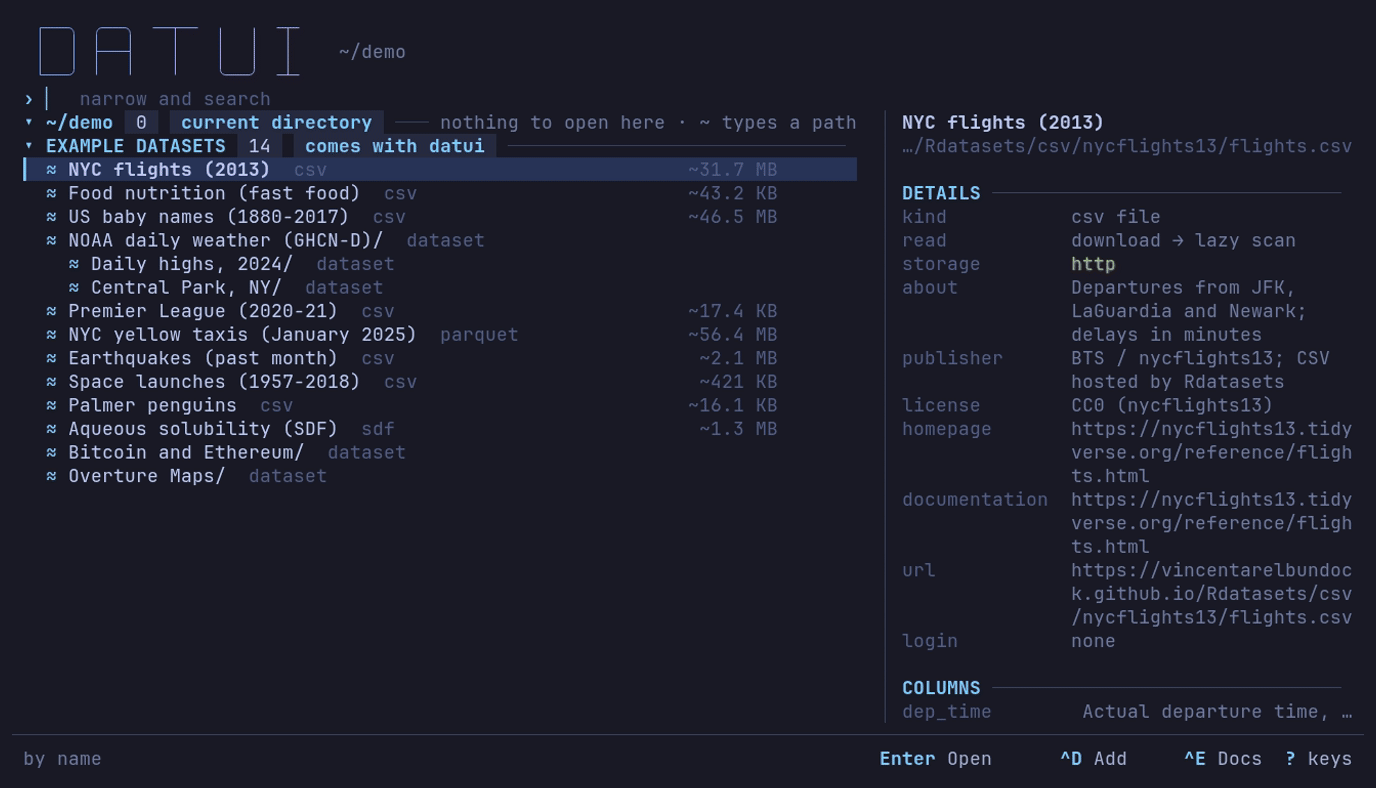 datui opening NYC flights (2013) from Example datasets, sorting by departure delay, inspecting the worst row, and charting the mean delay by hour, one line per airport