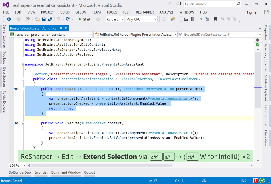 Presentation Assistant showing a shortcut for Extend Selection