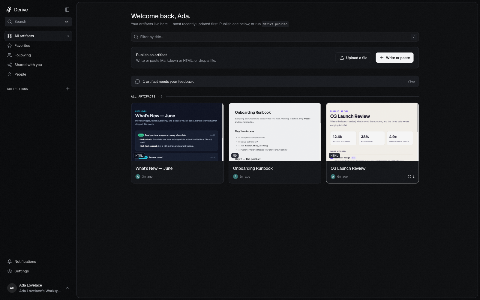 The Derive library: published artifacts with live previews