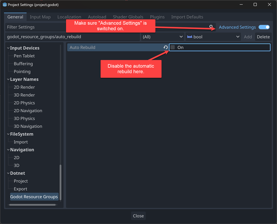 Disabling the automatic rebuild of resource groups