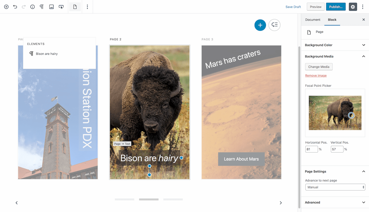 Story editor enables creation of pages in a horizontal, page-based interface, with background media, with blocks that can be dragged, rotated, and animated.