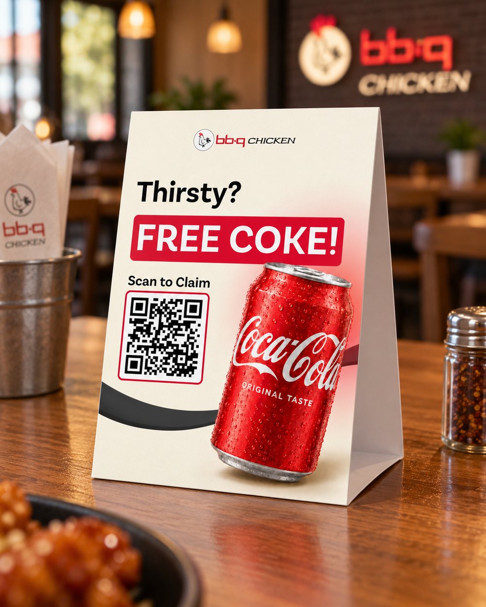 bb.q Free Coke tent card on a table, design 1