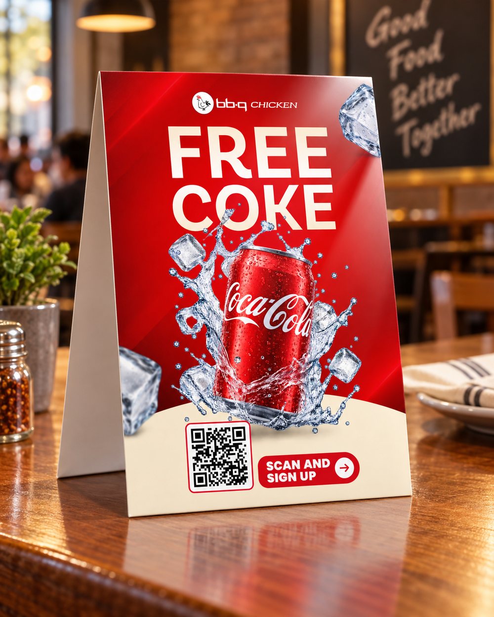 bb.q Free Coke tent card on a table, design 2