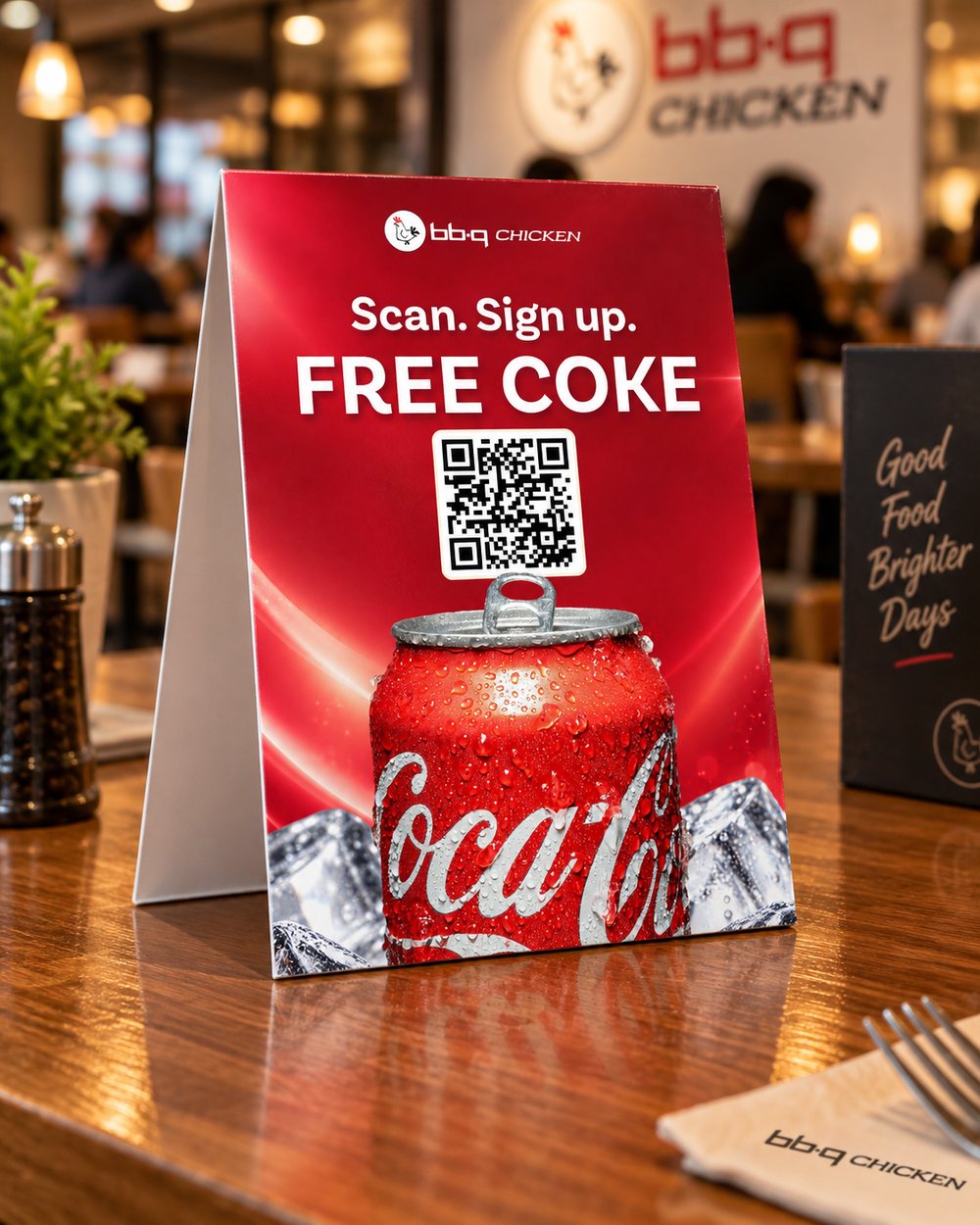 bb.q Free Coke tent card on a table, design 3