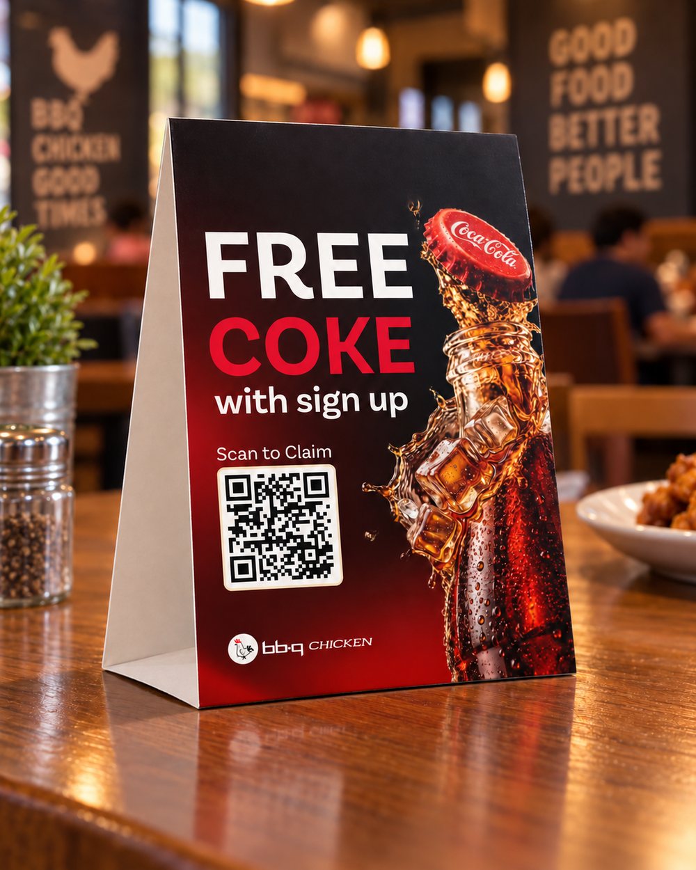 bb.q Free Coke tent card on a table, design 4