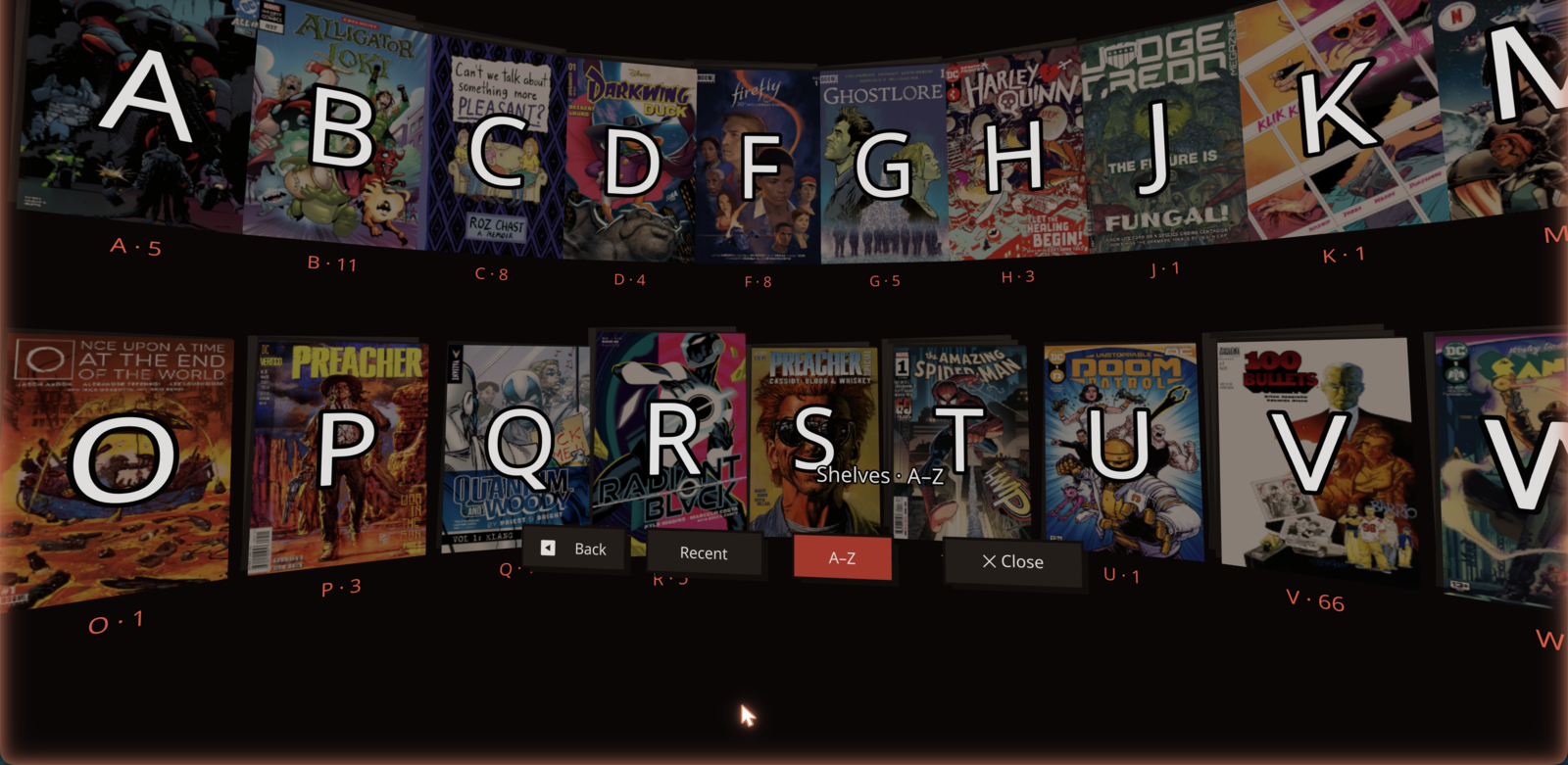 The A–Z alphabet shelf — each letter is a stack of your comics; pick one to be surrounded by that letter's series