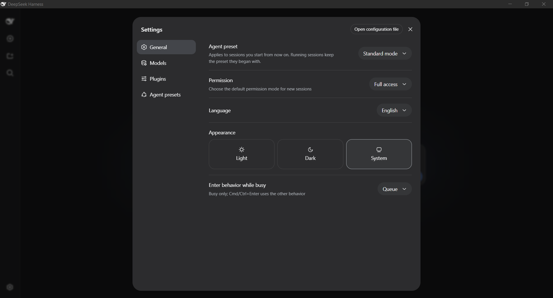 DeepSeek Harness native window, dark chrome