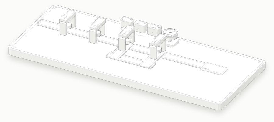An animated isometric bench. A task slip rides a belt through memory, plan, execute and critic arches. Three small boxes behind the execute arch light up as tools are used. The critic dial reads low, so the slip drops onto a return lane back to the executor, then passes on the second try and leaves to a stream tray.