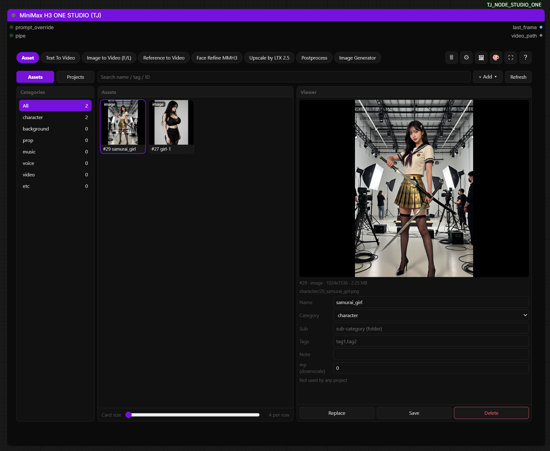 MiniMax H3 Asset tab: categories, assets, viewer and details