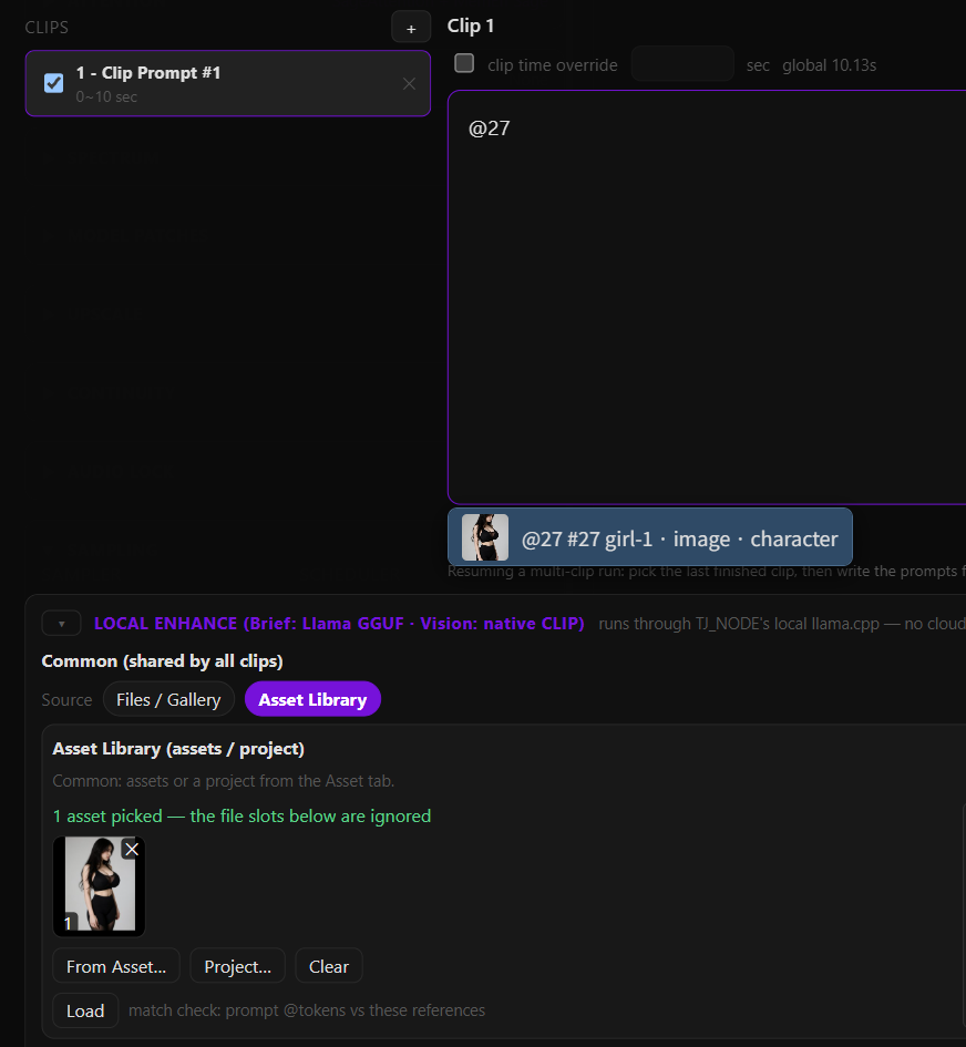Asset tag suggestion under the prompt box, and the Asset Library reference panel