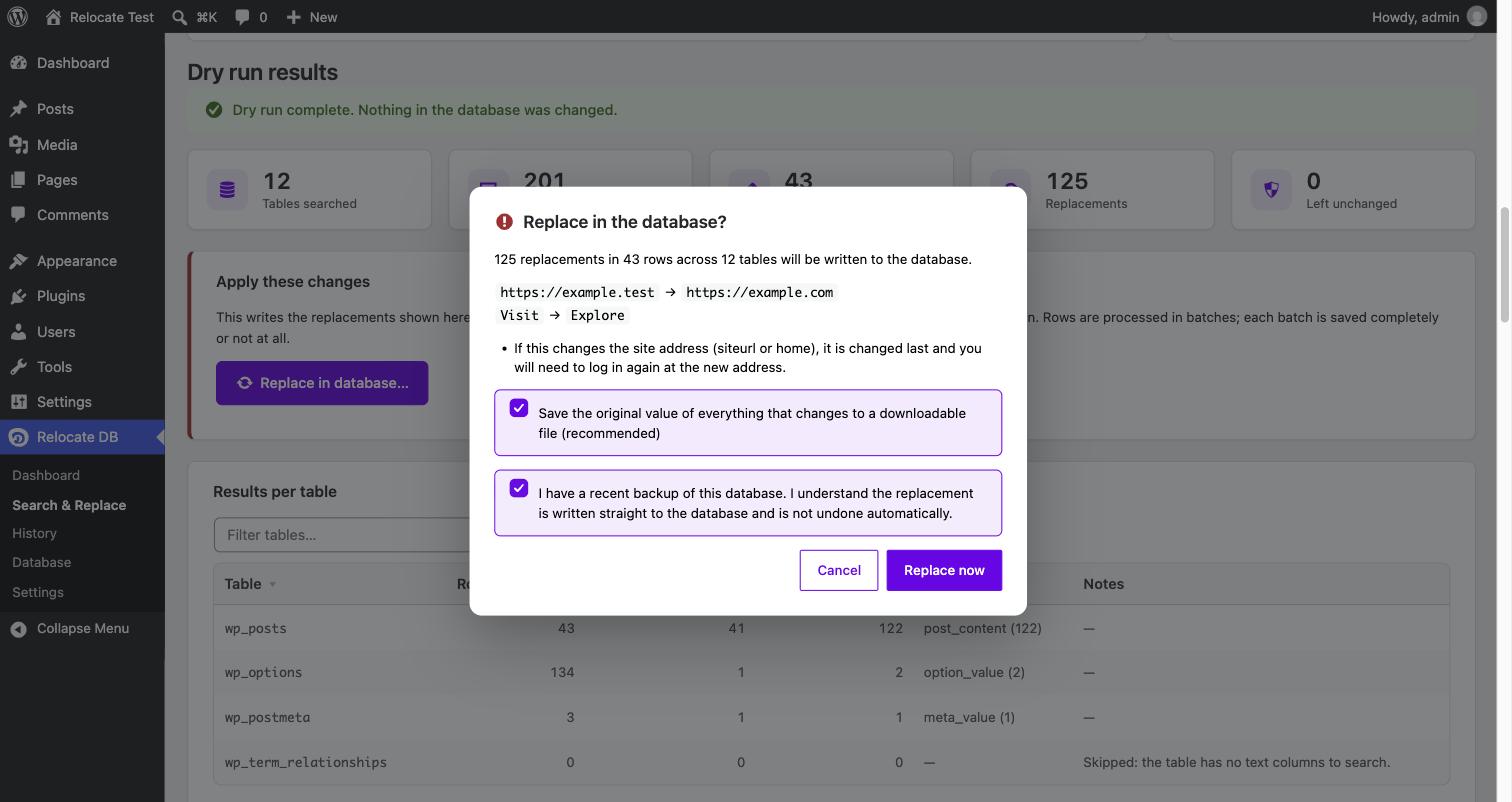 Confirmation dialog listing both search and replace pairs