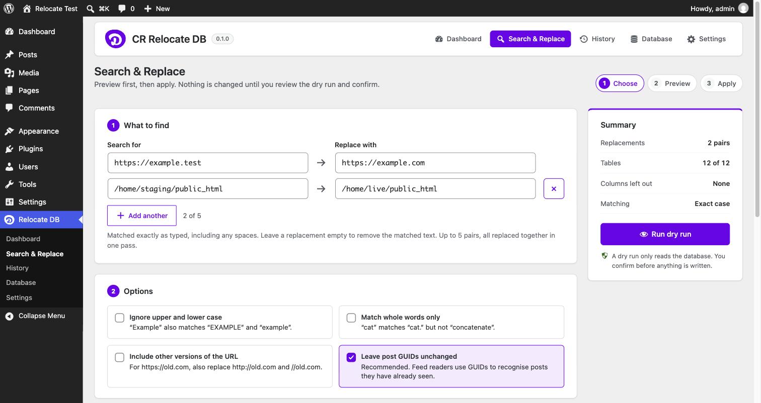 The Search & Replace screen with two search and replace pairs and the summary panel